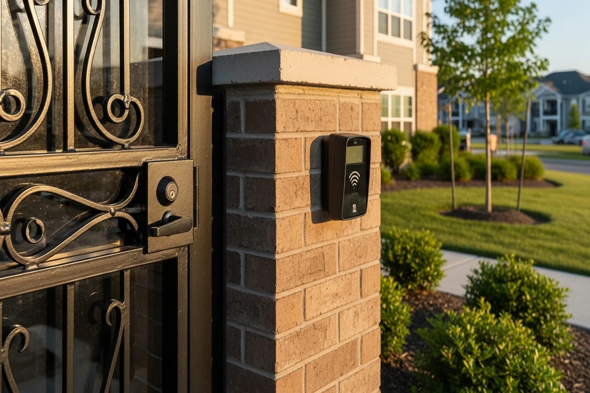 Apartment gate entry with access control reader panel mounted beside the door